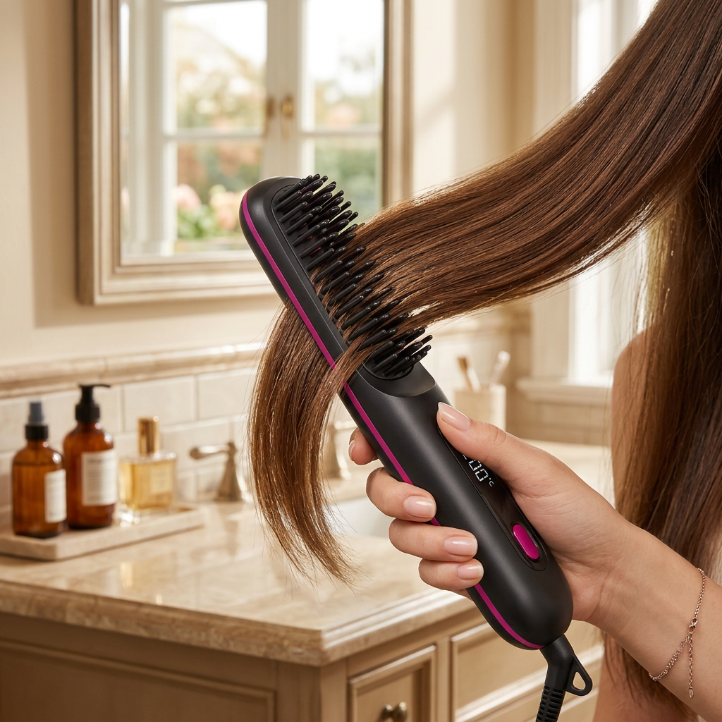 Donna che usa la spazzola lisciante Lisséa Pro sui capelli lunghi